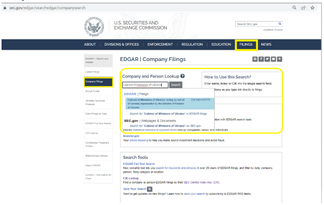 Screenshot 2 1 რატომ არის რეგისტრირებული უკრაინის მინისტრთა კაბინეტი აშშ-ის SEC-ის ბაზაში?