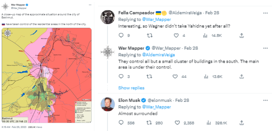 Screenshot 3 Действительно ли Илон Маск написал, что Бахмут в окружении и это хорошо?