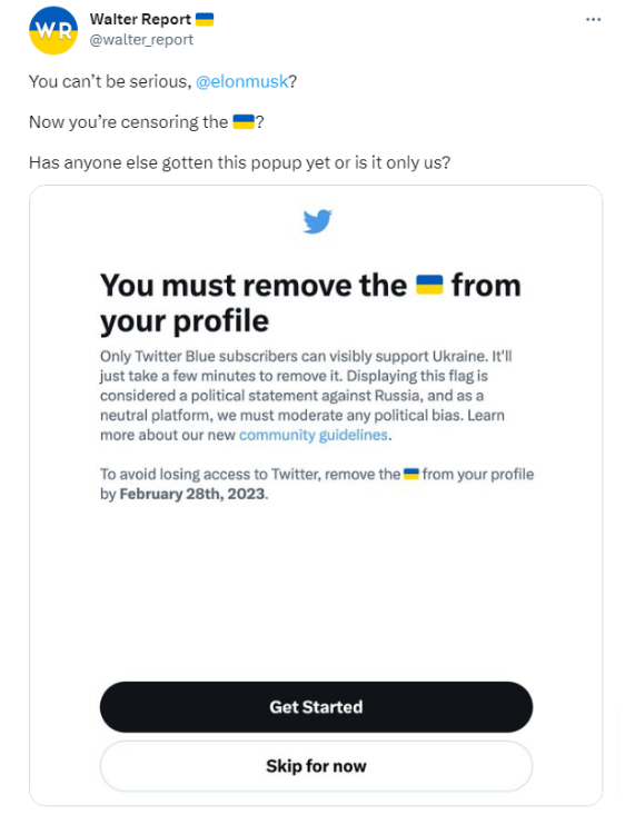ukrainis drosha 1 აწესებს თუ არა Twitter-ი უკრაინის დროშის სიმბოლოს გამოყენების შეზღუდვას?