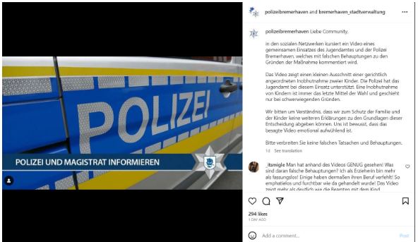 Screenshot 5 Распространяется дезинформация о причинах, по которым немецкая полиция конфисковала ребенка у семьи