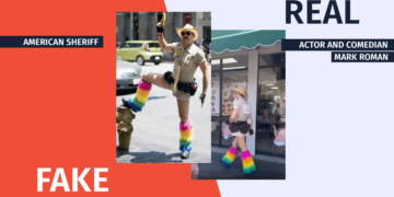 Video Manipulation as if an American Sheriff is Wearing Shorts and rainbow colored Shoes Video Manipulation as if an American Sheriff is Wearing Shorts and rainbow-colored Shoes