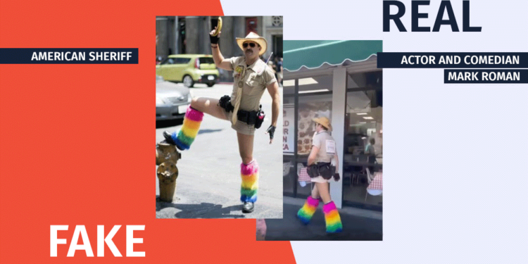 Video Manipulation as if an American Sheriff is Wearing Shorts and rainbow colored Shoes Factchecker DB